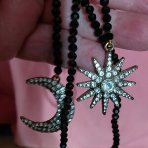 Heidi Daus Black and Gold Celestial Lariat or Wrap Necklace Moon Star